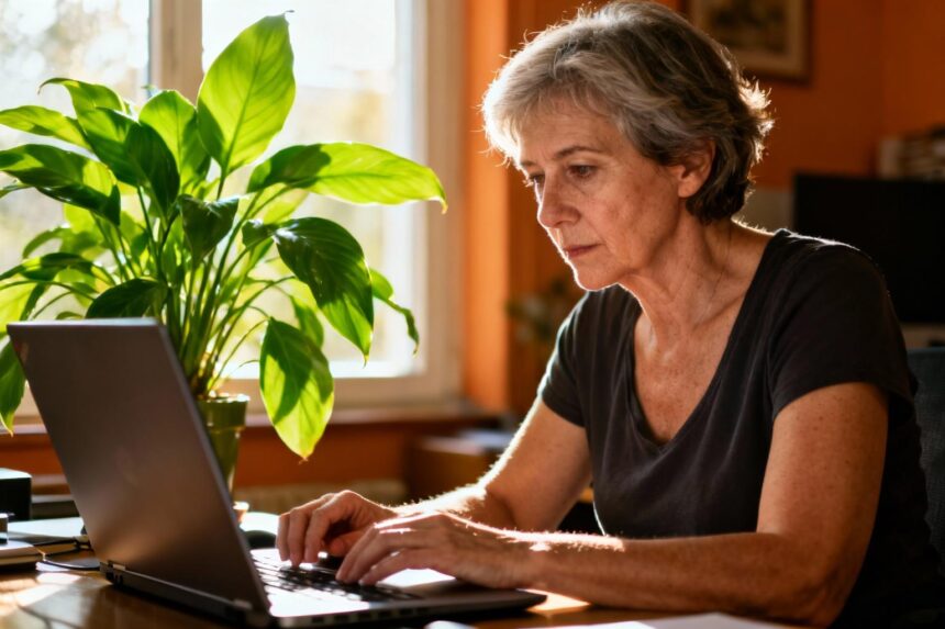 Femme d'âge mûr travaillant sur ordinateur portable avec une plante verte en arrière-plan dans un bureau chaleureux