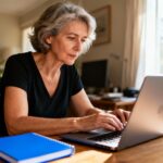 Femme adulte concentrée devant son ordinateur avec un carnet bleu vif dans un bureau à domicile éclairé naturellement