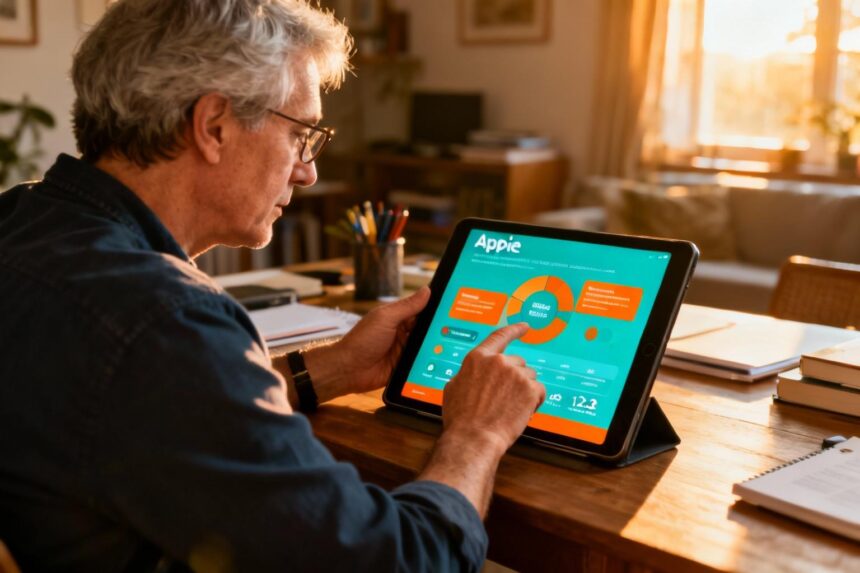 Homme d'âge mûr regardant un tableau de résultats colorés sur son tablette dans un bureau éclairé par la lumière naturelle