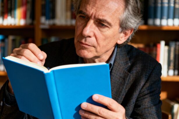 Homme d'âge mûr avec une expression concentrée écrivant dans un carnet bleu vif, représentant le syndrome d'Asperger