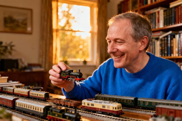 Homme de 55 ans avec syndrome d'Asperger concentré sur l'organisation de sa collection de trains miniatures dans sa bibliothèque