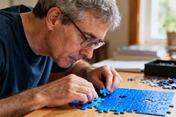 Homme d’âge mûr avec syndrome d’Asperger concentré sur un puzzle coloré dans une pièce baignée de lumière naturelle
