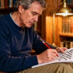 Homme de 55 ans concentré sur une grille de mots croisés avec un crayon rouge dans une bibliothèque chaleureuse