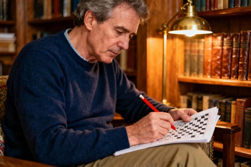 Homme de 55 ans concentré sur une grille de mots croisés avec un crayon rouge dans une bibliothèque chaleureuse