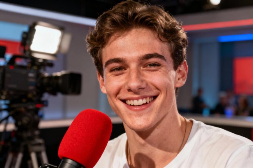 Homme souriant tenant un micro rouge dans un studio de télévision, équipement technique visible en arrière-plan