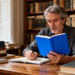 Homme intellectuel européen dans la cinquantaine écrivant dans un cahier bleu vibrant, entouré de livres