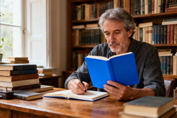 Homme intellectuel européen dans la cinquantaine écrivant dans un cahier bleu vibrant, entouré de livres