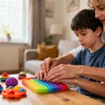 Maman guide doucement les mains d'un enfant autiste vers des jouets sensoriels colorés dans une pièce lumineuse