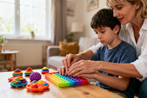 Maman guide doucement les mains d'un enfant autiste vers des jouets sensoriels colorés dans une pièce lumineuse