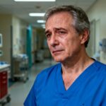 Médecin d'âge mûr en blouse bleue marchant dans un couloir d'hôpital avec expression émouvante et équipement médical
