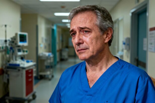 Médecin d'âge mûr en blouse bleue marchant dans un couloir d'hôpital avec expression émouvante et équipement médical