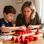 Mère et enfant autiste triant des blocs géométriques rouges sur une table en bois lors d'une activité Montessori sensorielle