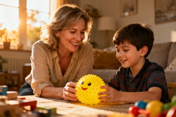 Mère et son enfant autiste de 6 ans interagissant avec un jouet sensoriel jaune vif dans un intérieur chaleureux