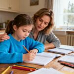 Mère et fille assises à la table de la cuisine, partageant un moment émotionnel, l'enfant porte un pull bleu vif