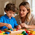 Mère et jeune enfant en interaction dans un environnement domestique avec des jouets éducatifs et une lumière naturelle douce