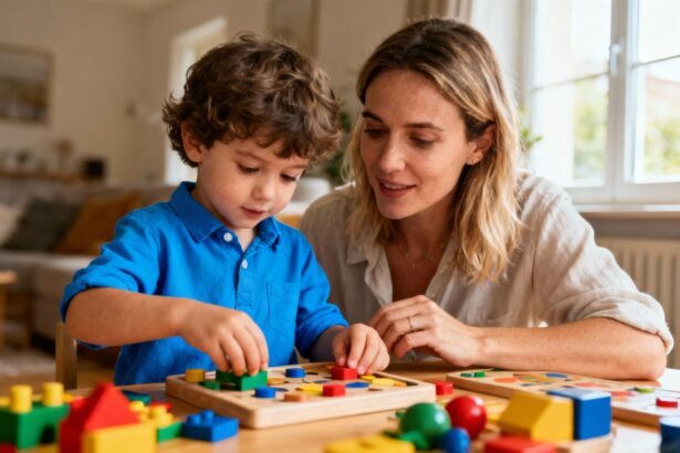 Mère et jeune enfant en interaction dans un environnement domestique avec des jouets éducatifs et une lumière naturelle douce
