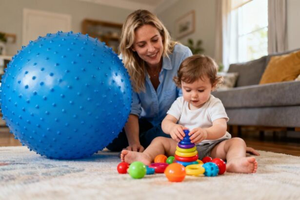 Mère européenne et enfant interagissant avec des jouets sensoriels colorés, dont une balle thérapeutique bleue vive