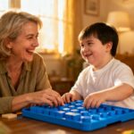 Mère européenne et enfant avec trisomie et autisme jouant avec un jouet éducatif bleu dans un intérieur chaleureux
