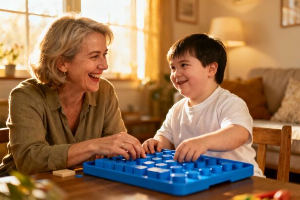 Mère européenne et enfant avec trisomie et autisme jouant avec un jouet éducatif bleu dans un intérieur chaleureux
