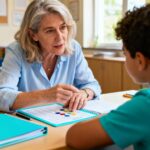 Femme psychologue de 50 ans effectuant une observation diagnostique pour l'autisme avec un enfant dans un cadre clinique chaleureux