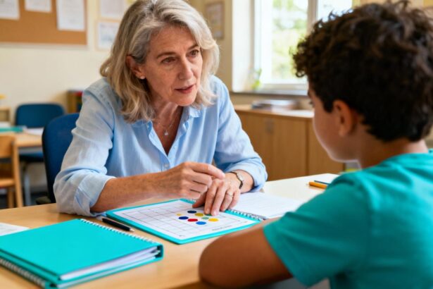 Femme psychologue de 50 ans effectuant une observation diagnostique pour l'autisme avec un enfant dans un cadre clinique chaleureux