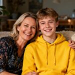 Sara Mortensen et son fils Aksel souriants sur un sofa, portant un pull jaune vif, moment familial chaleureux