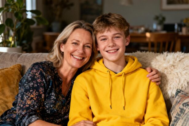 Sara Mortensen et son fils Aksel souriants sur un sofa, portant un pull jaune vif, moment familial chaleureux