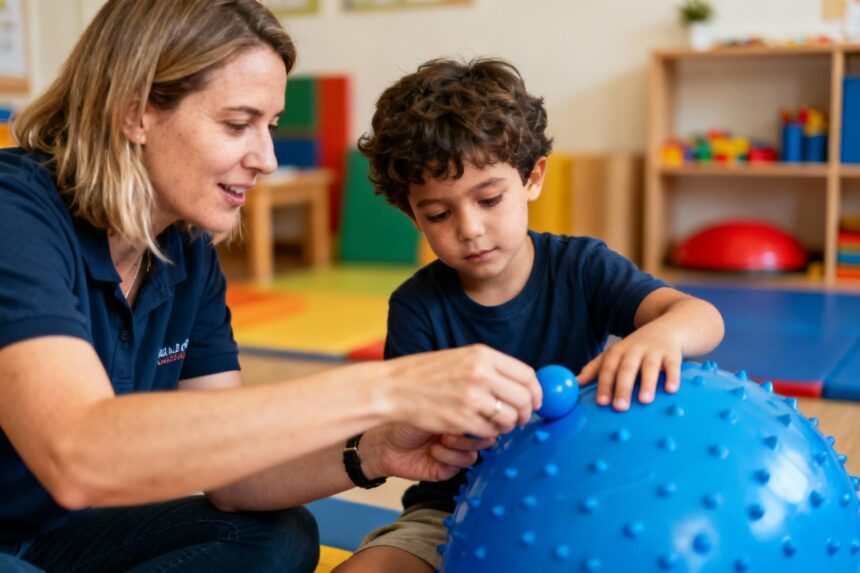 Thérapeute européen accompagnant un enfant autiste avec des outils de thérapie bleus dans une pièce naturelle et chaleureuse