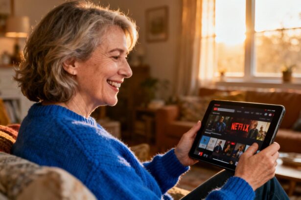 Femme souriante de 55 ans regardant une série sur l'autisme sur sa tablette dans un salon cosy