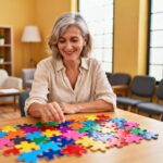 Femme d'âge mûr souriante assise à une table avec des pièces de puzzle colorées en séance de thérapie
