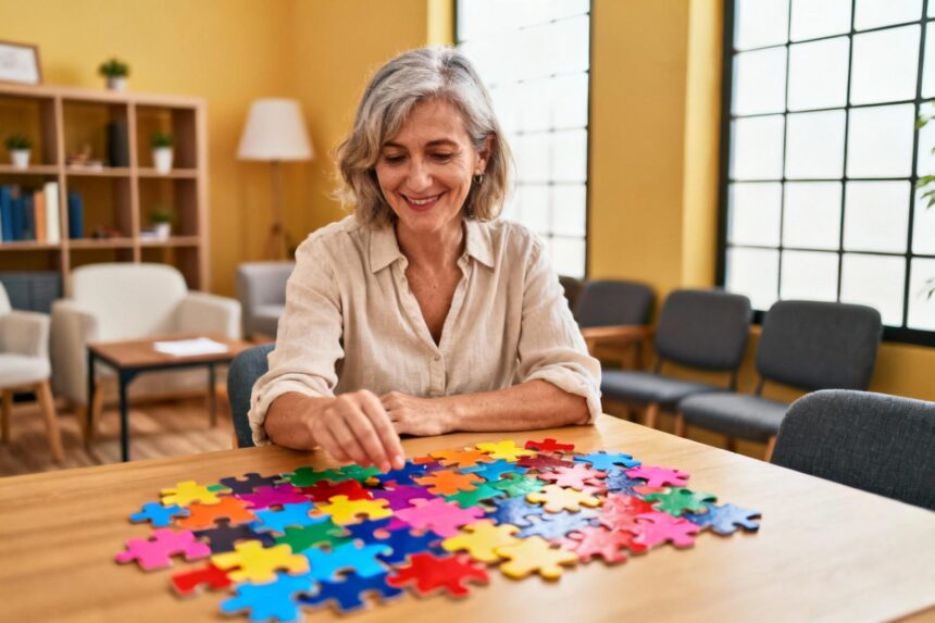 Femme d'âge mûr souriante assise à une table avec des pièces de puzzle colorées en séance de thérapie