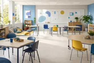 Salle de classe inclusive avec mobilier modulable et circulation dégagée