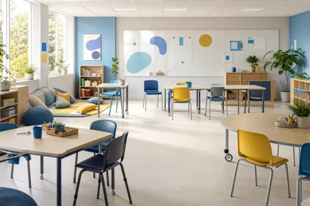 Salle de classe inclusive avec mobilier modulable et circulation dégagée