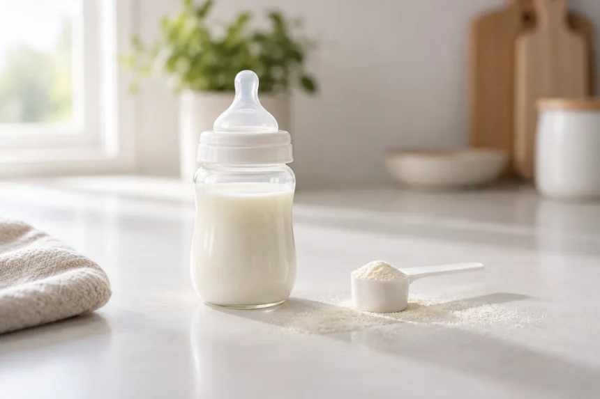 Biberon de lait infantile et mesurette de poudre sur un plan de travail clair